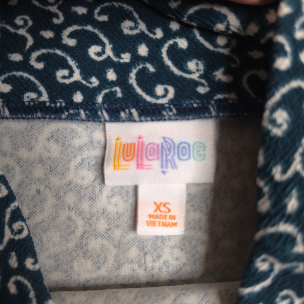LuLaRoe Cassie Pencil Skirt XS Teal Blue White Scroll Print Stretch Midi NWT - Picture 3 of 10
